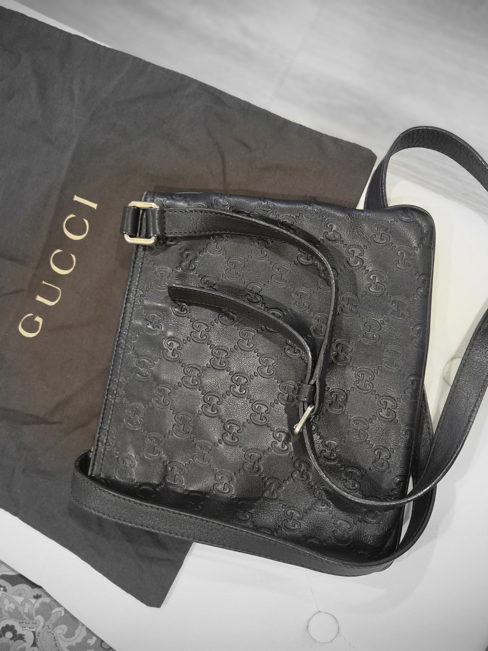 Gucci Black GG Embossed Leather Crossbody Bag